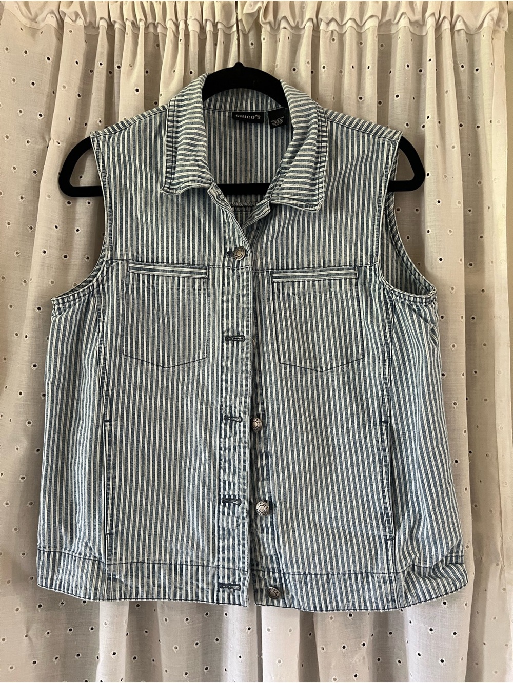 Chico's Blue and White Striped Sleeveless Button-Down Vest - Picture 2 of 8